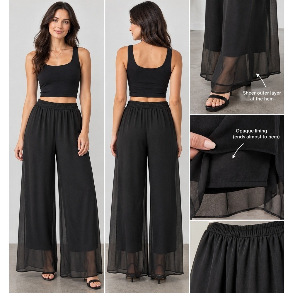 Talbots Joan Leslie Black Wide Leg Sheer Chiffon Lined Pants Womens Large USA